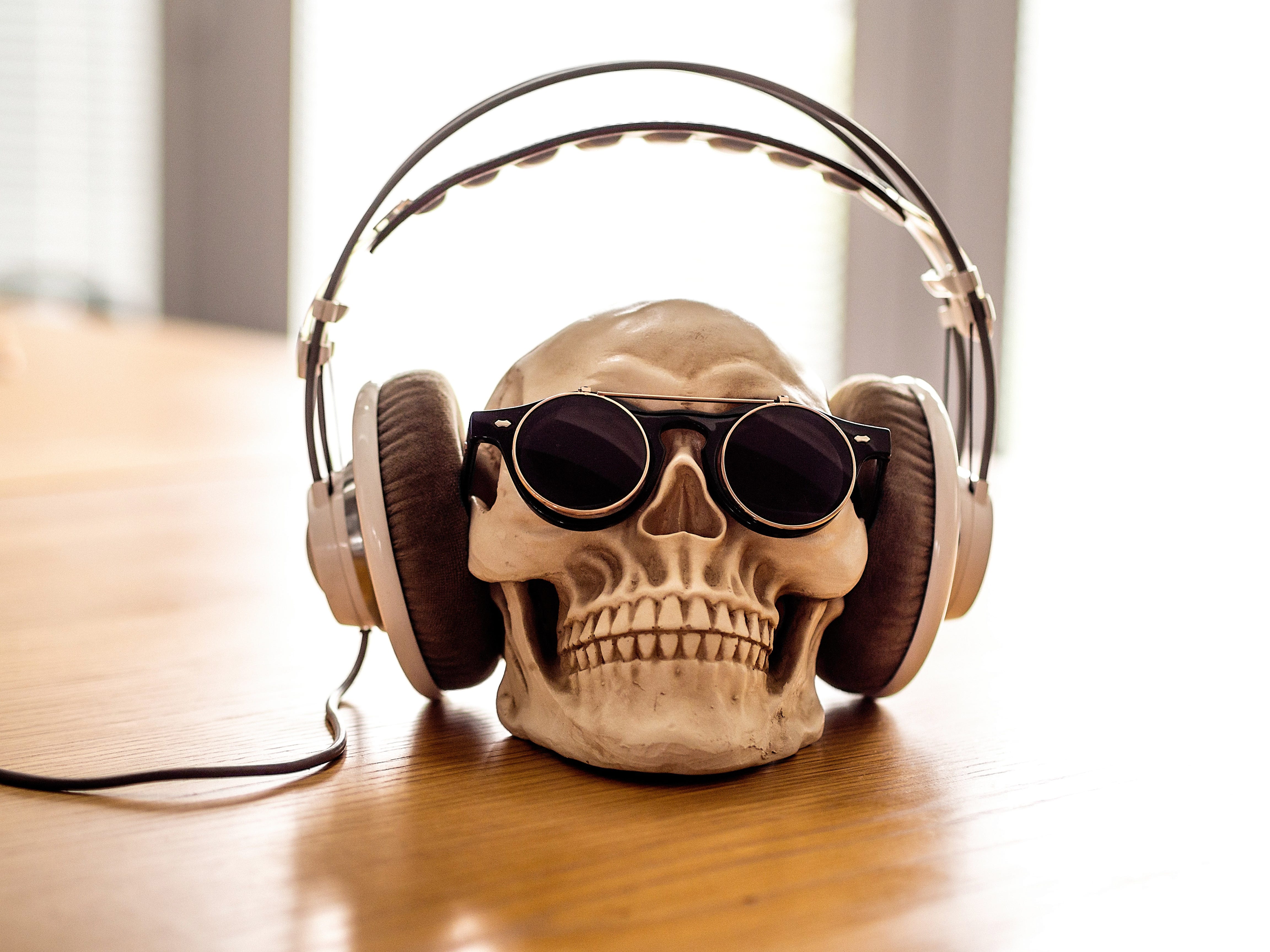 Fake skull wearing sunglasses and headphones.