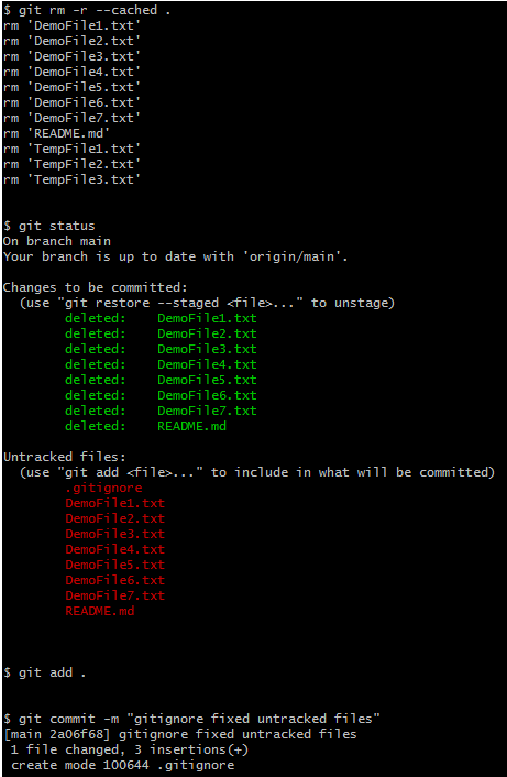 Screenshot of Git commands to fix .gitignore