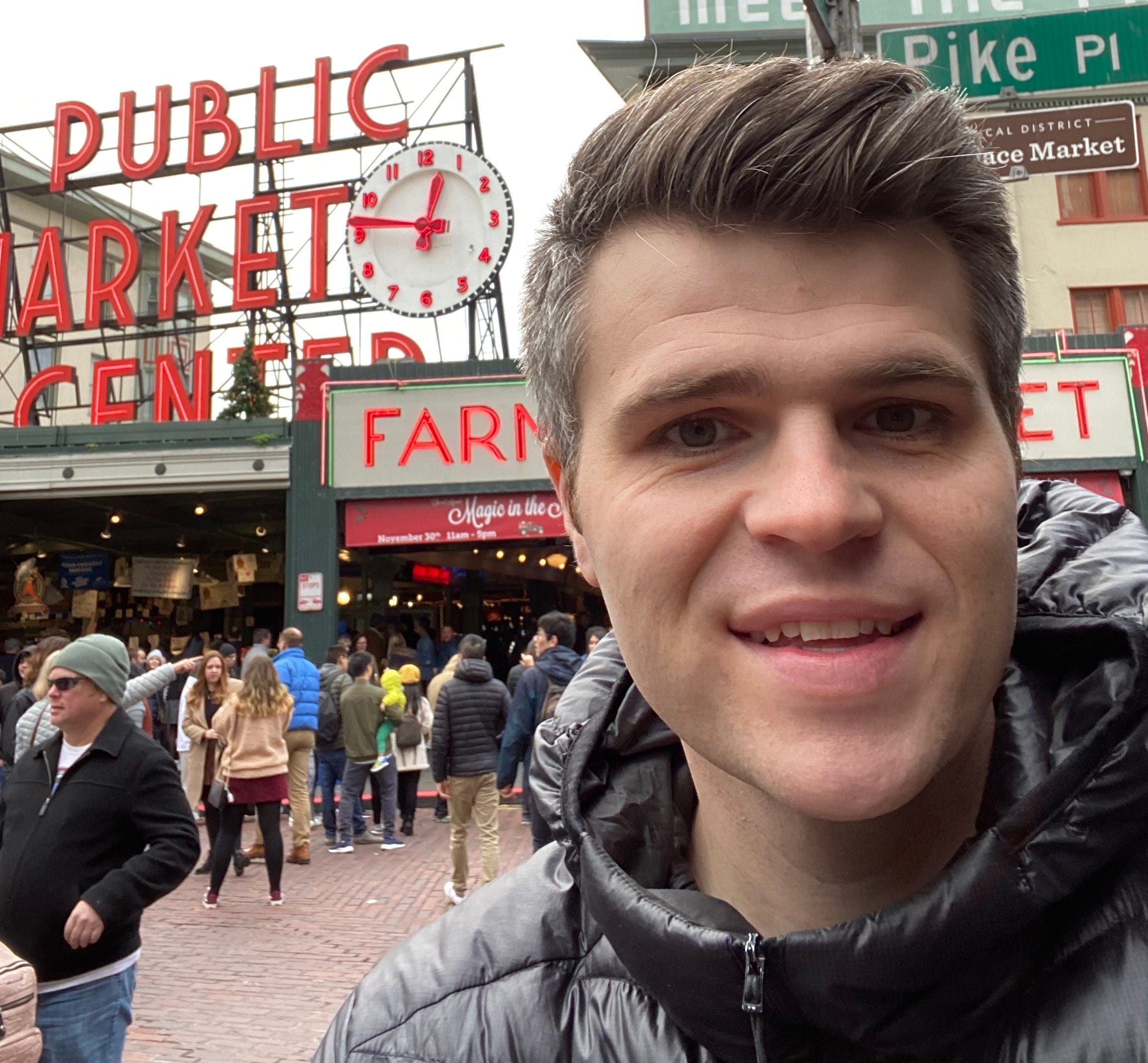 Jamund outside of pike place market in Seattle in November 2019