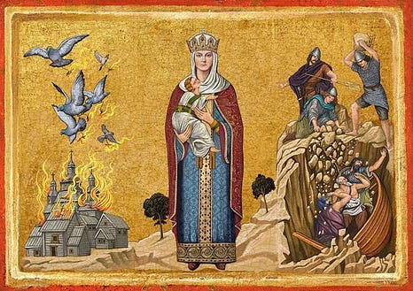 Olga was the first woman to rule Kievan Rus, serving as regent for her infant son Sviatoslav after her husband, Grand Prince Igor, was ambushed and murdered by his treacherous Drevlian vassals. Rather than kowtow to these upstart traitors, she chose instead to make an example of them. Her later conversion to Christianity, being the first of Kievan Rus’ leaders to do so, paved the way for the complete conversion of the Eastern Slavs under her grandson, Grand Prince Vladimir, in 988. She became a saint in 1547. (By Bob Venables). 