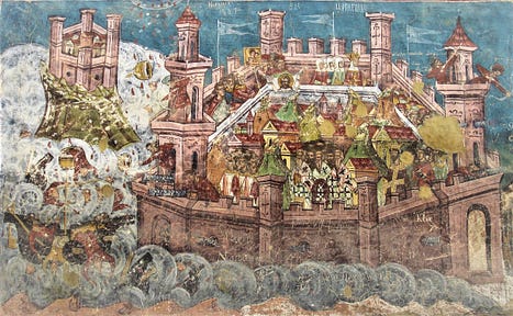 The Siege of Constantinople, from the murals at Moldovita, Romania.