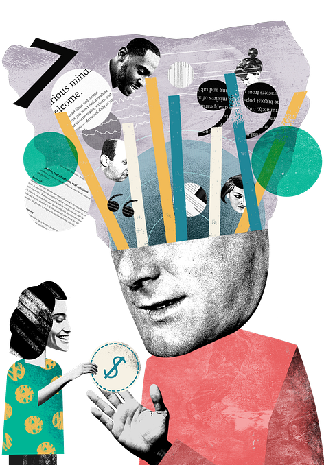 image of a man who has quotes from medium articles and images of people coming out of his head; he is also being handed a dollar sign by a smaller woman