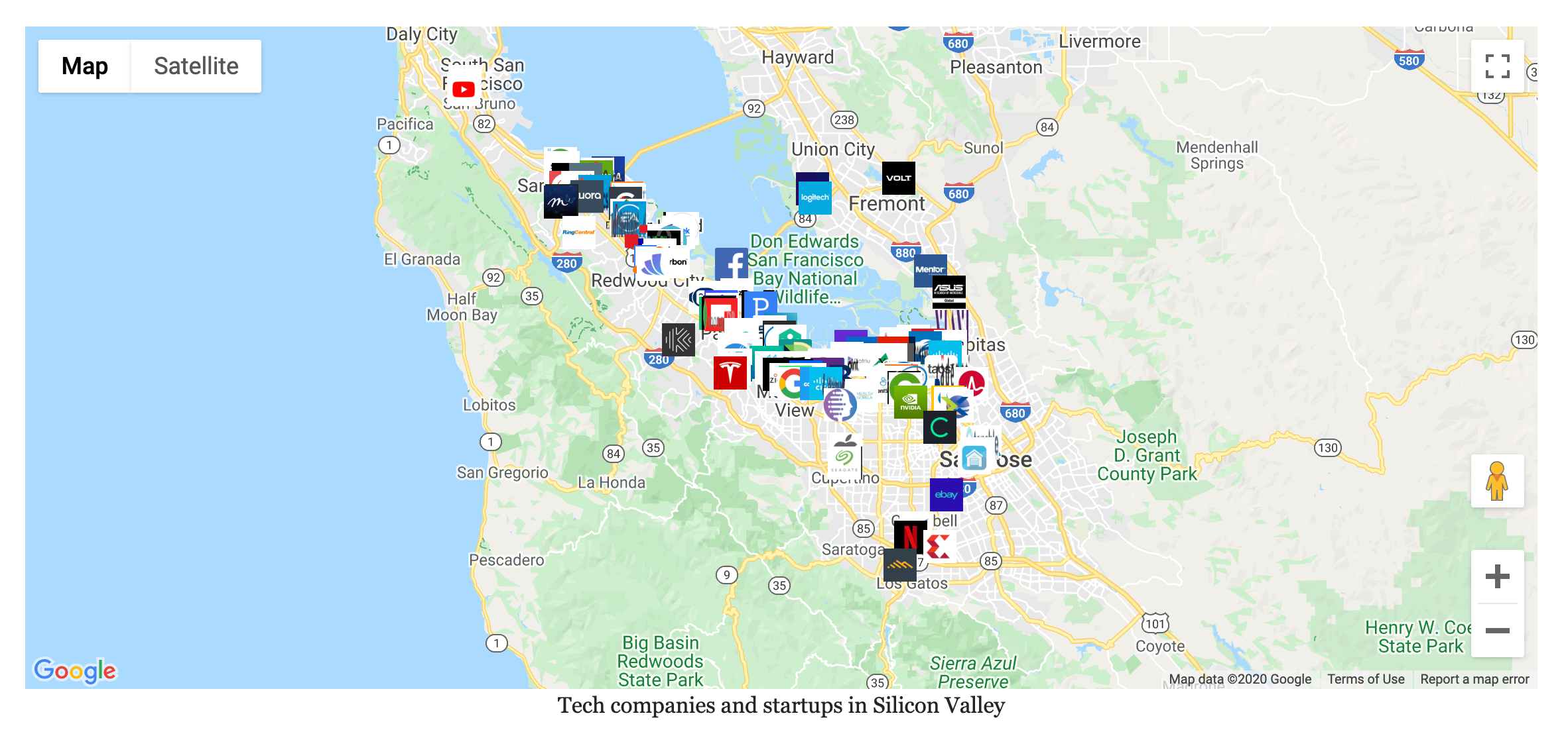 Silicon Valley Map of Tech Companies and Startups - Employbl - Medium