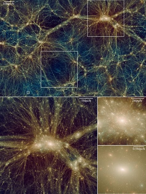 Dark matter distribution simulated by Uchuu. Image via skiesanduniverses.org