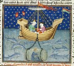 Old manuscript painting of a ship sitting on a fish-filled sea. Two sailors lower a clear barrel-shaped submersible by chains, in which a figure sits observing the ocean life.