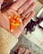 I am holding four pieces of candy corn in my palm while my judgmental dog looks up at me questioning my choices