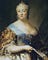 Empress Elizabeth in an elaborate golden ballgown with a blue sash across her chest.
