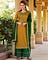Embroidered Jam Silk Yellow A-Line Suits with a jam silk Palazzo and jam silk dupatta in dark green.