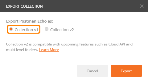 Select the Collection v1 export option. SoapUI does not support v2 collections.