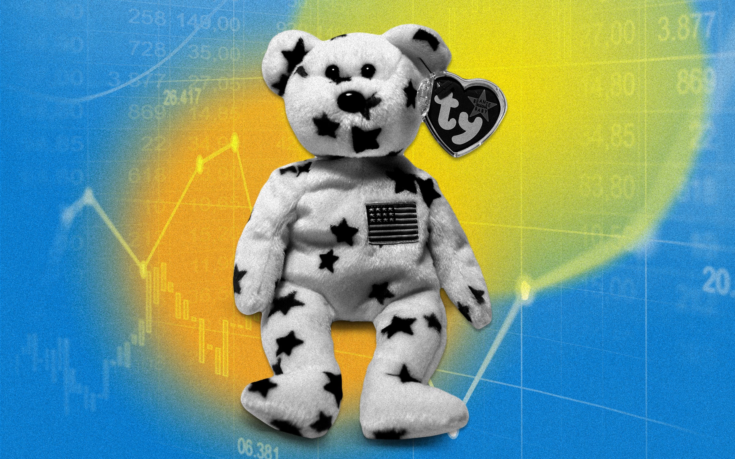 An illustration of a Beanie Baby with a star print and the U.S. flag on its chest. Behind the beanie baby is a generic stock market image.