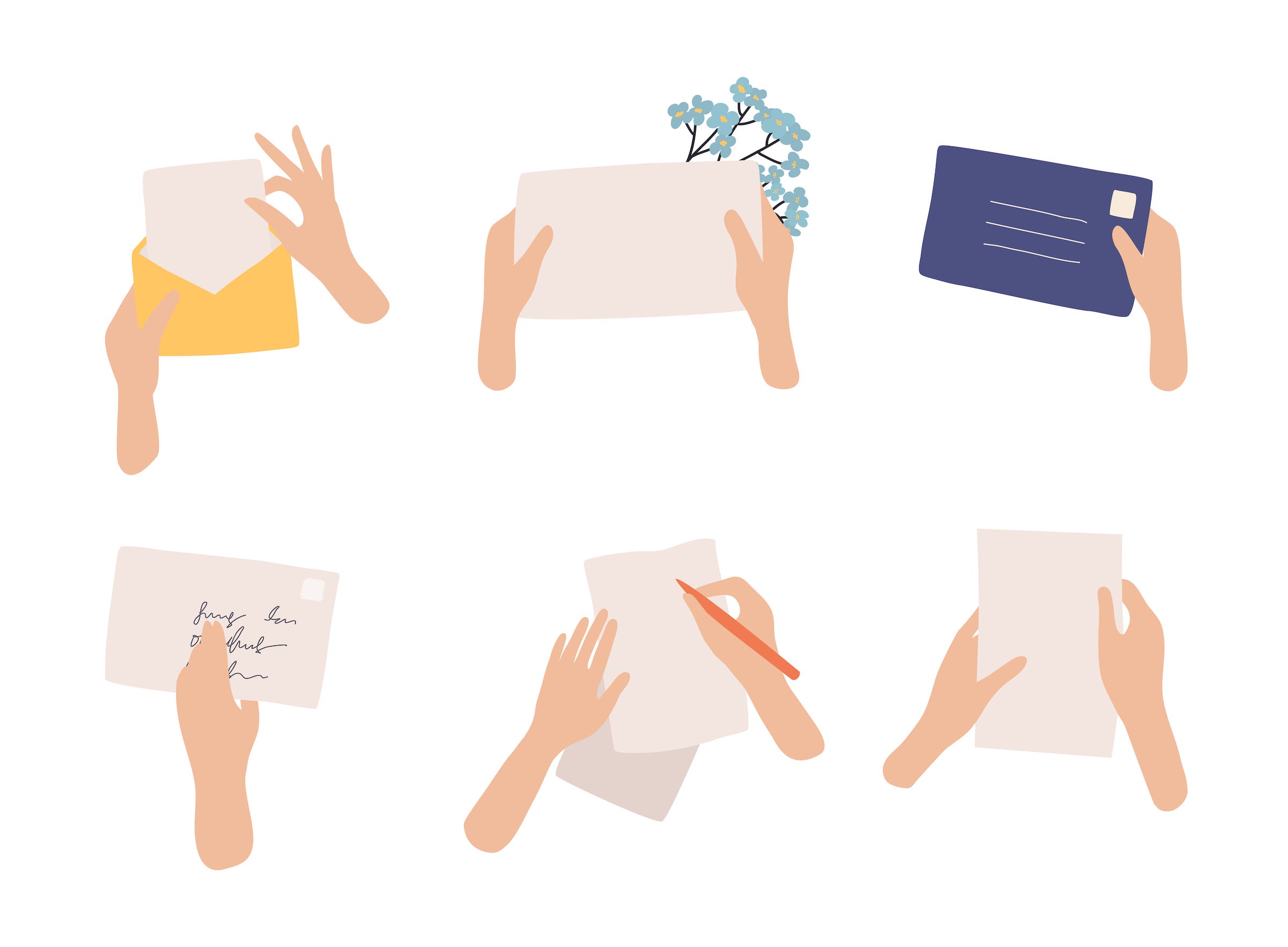 6 drawings of hands holding envelopes: opening envelope, holding by flowers, holding addressed envelope, writing.