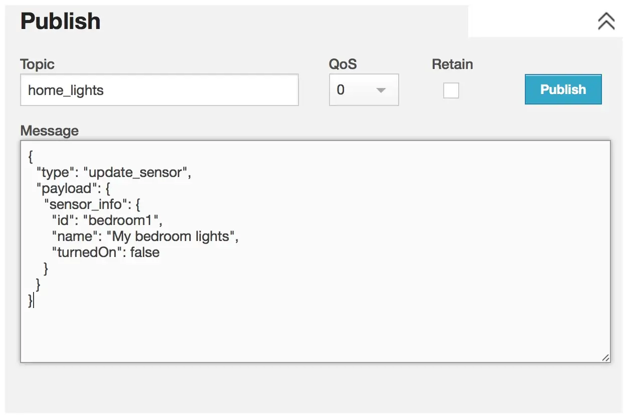 Figure 8. Simulating the update light sensor state message from the MQTT broker.