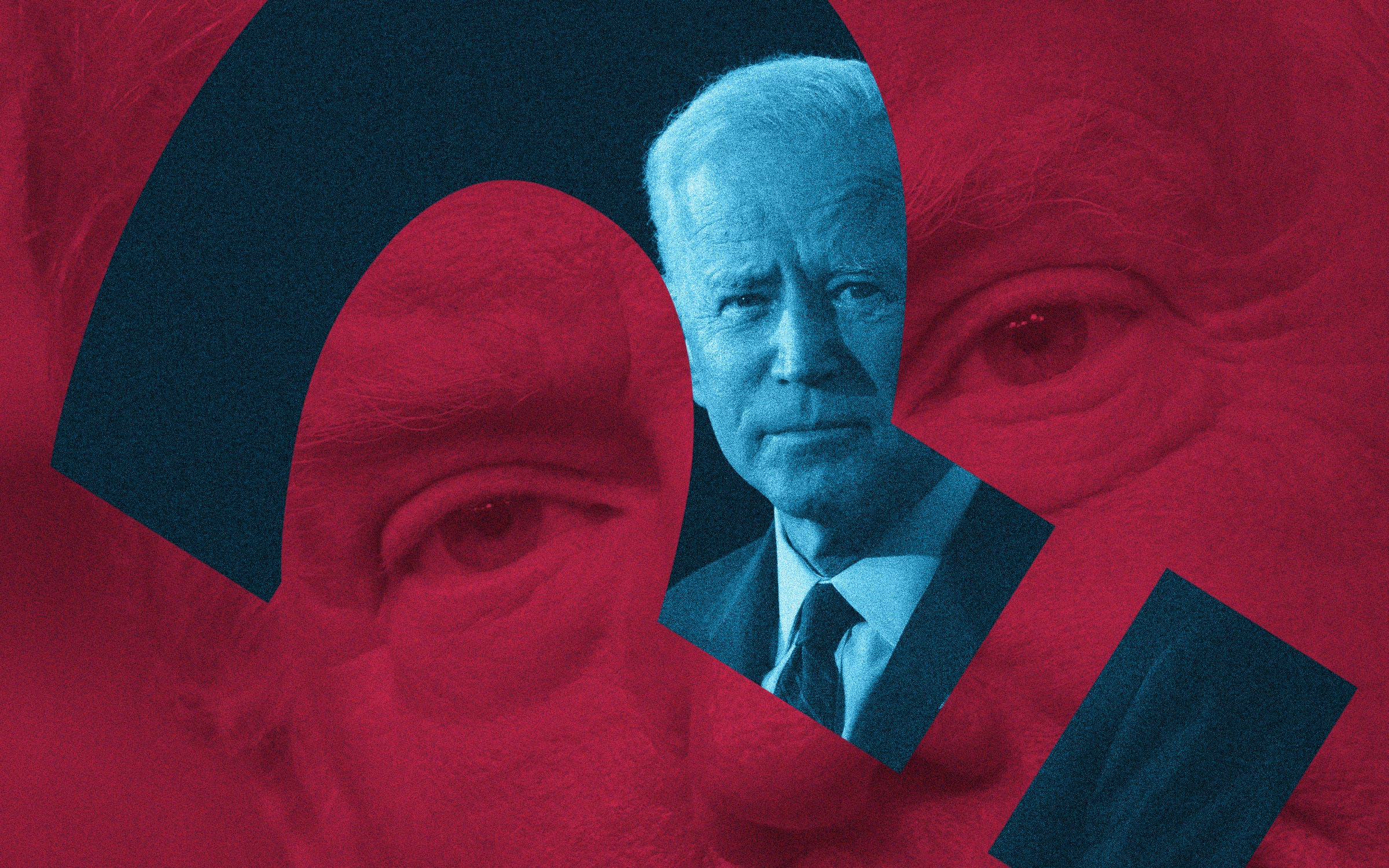 Red background close-up of Trump’s face against a question mark-shaped blue cut out of Joe Biden in foreground.