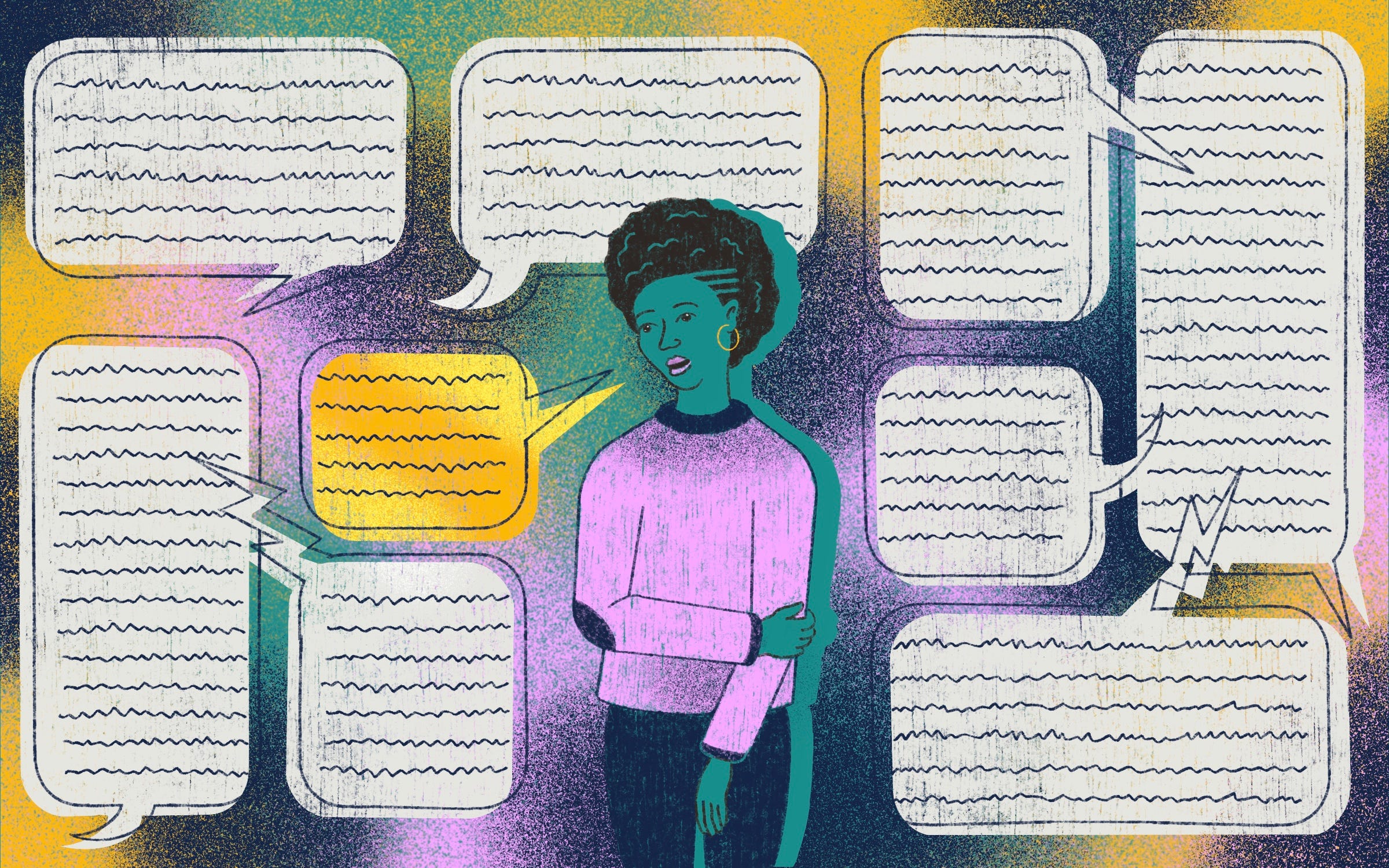 An illustration of a black person surrounded by text bubbles.
