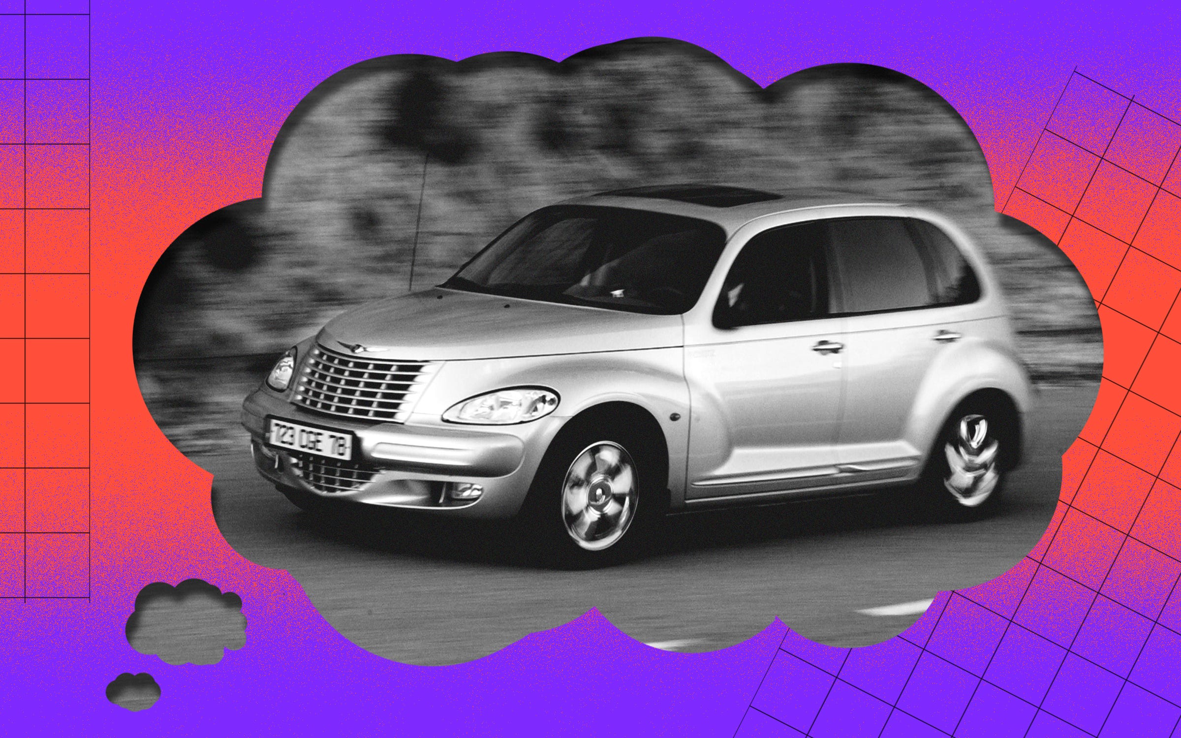 A black and white photo of a PT Cruiser photoshopped onto a thought bubble.