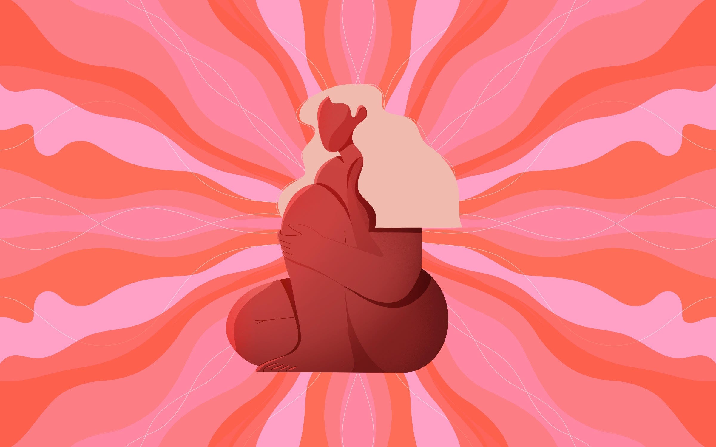 Vibration graphic illustration of a woman of color with red and pink swatches of color radiating around her.