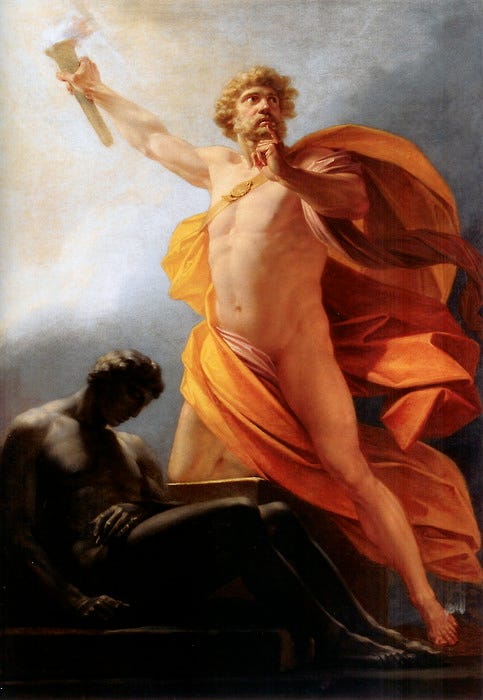 Heinrich Füger, Prometheus Brings Fire to Mankind (1817). Liechtenstein Museum, Vienna (source)
