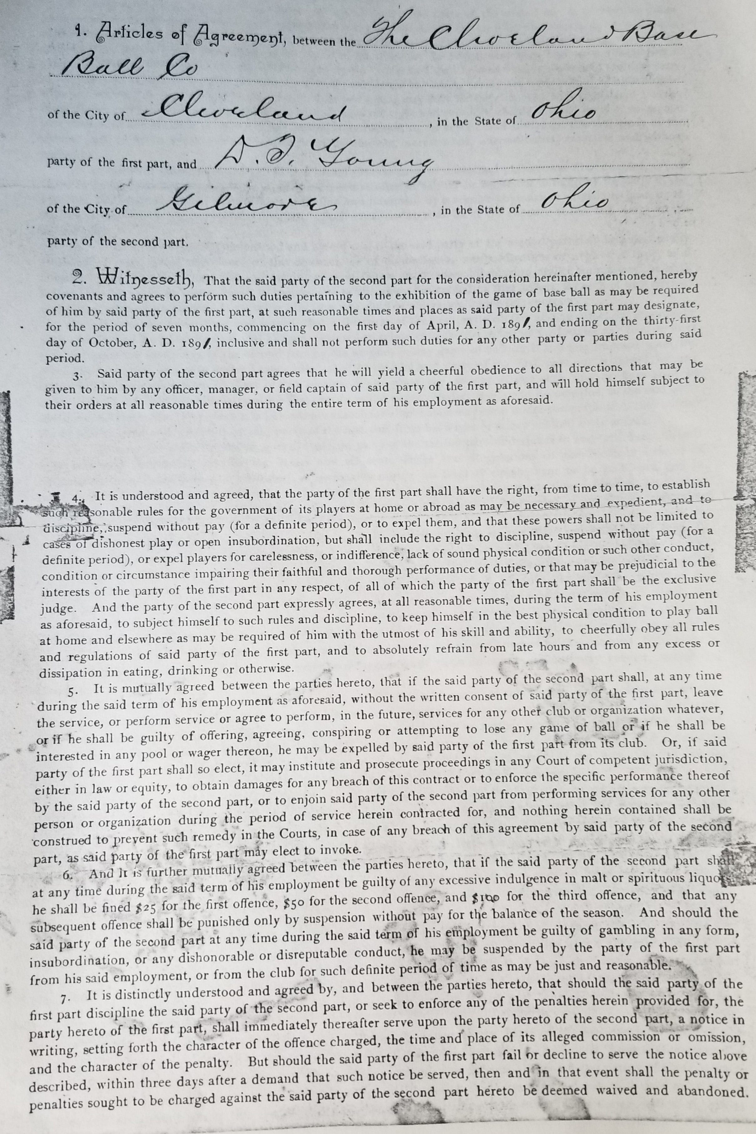 Early Baseball Contracts. From 1871 to 1891, including Cy Young by
