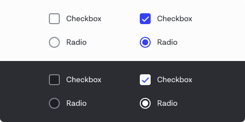 Examples of checkbox and radio in light and dark modes. In dark mode, the blue selected states change to white.
