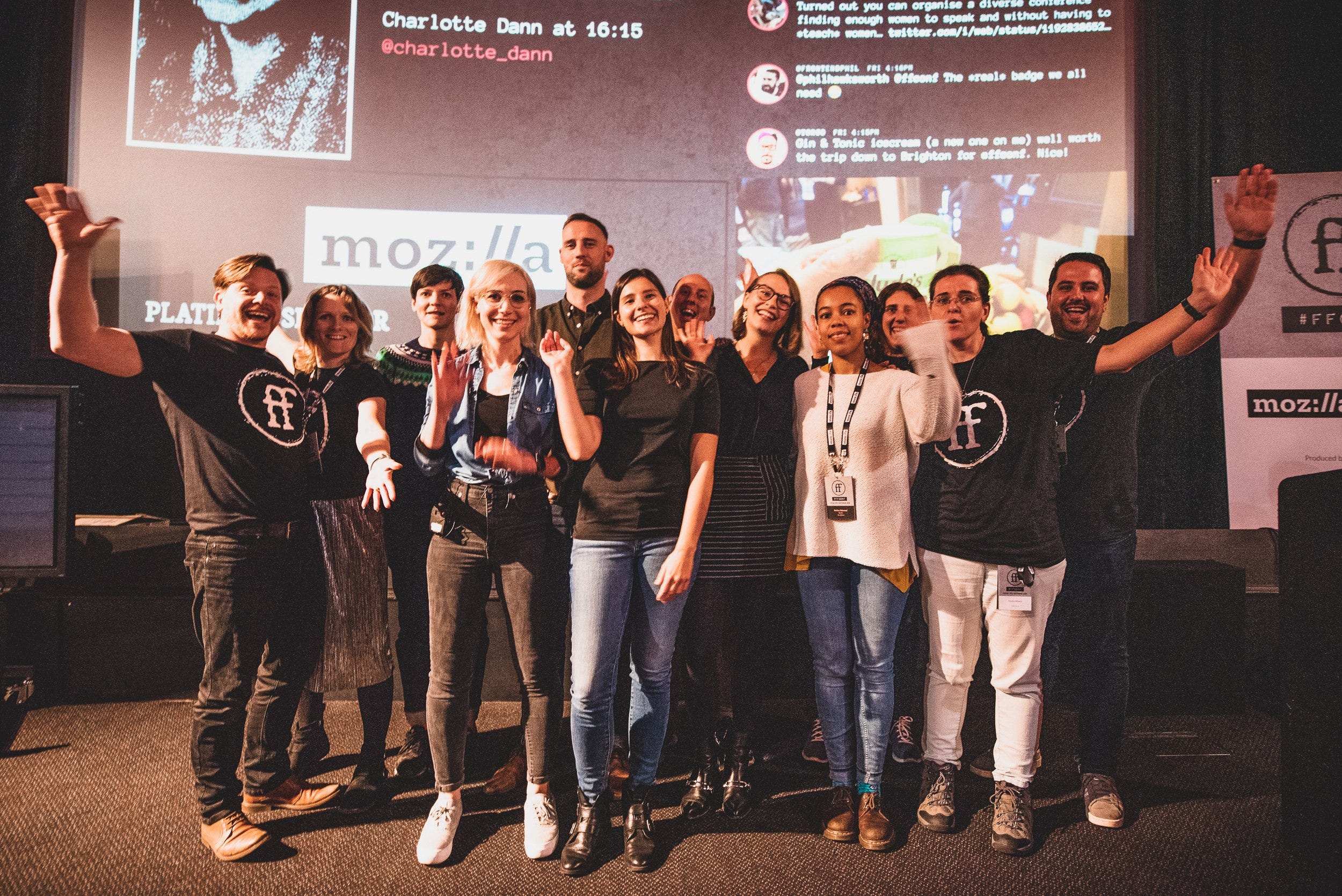 The speakers and volunteers on stage at the end of FF Conf 2019.