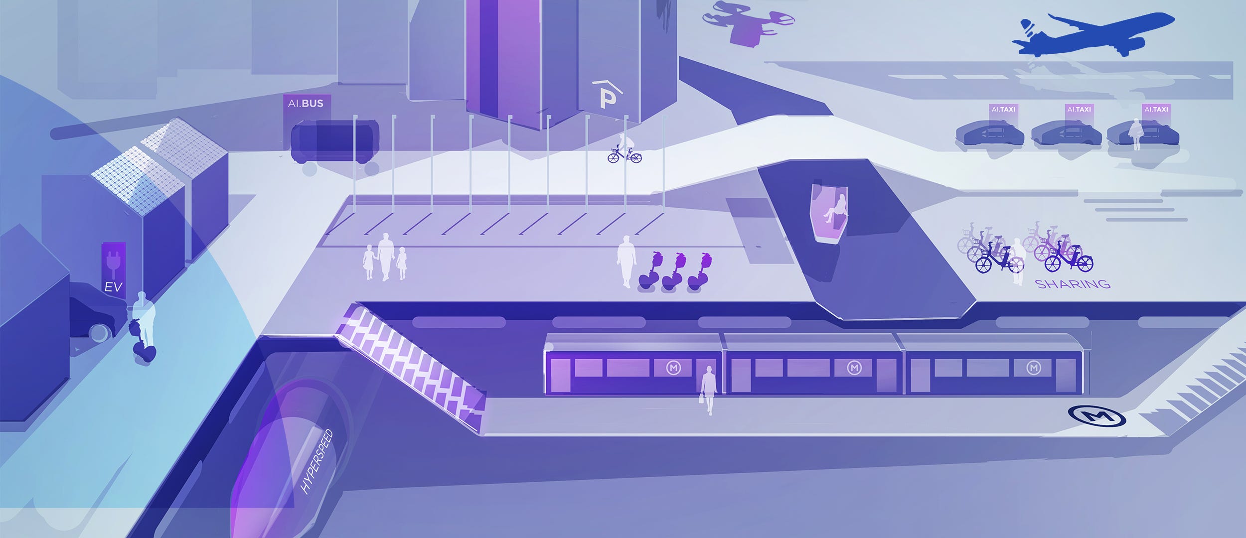 Illustration of the city with today’s transportation possibilities.