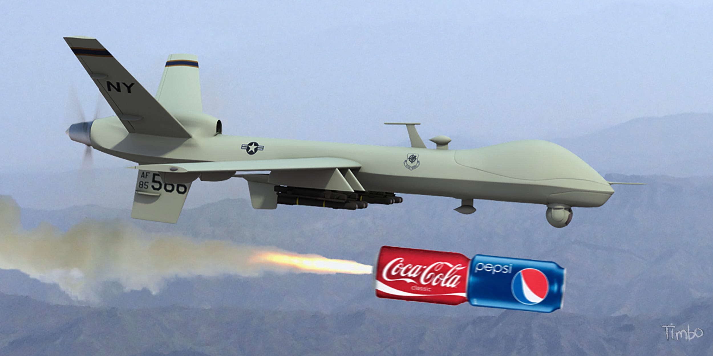 A drone aircraft firing red Coca-Cola and blue Pepsi soda cans. Digital artwork by Tim Horan.