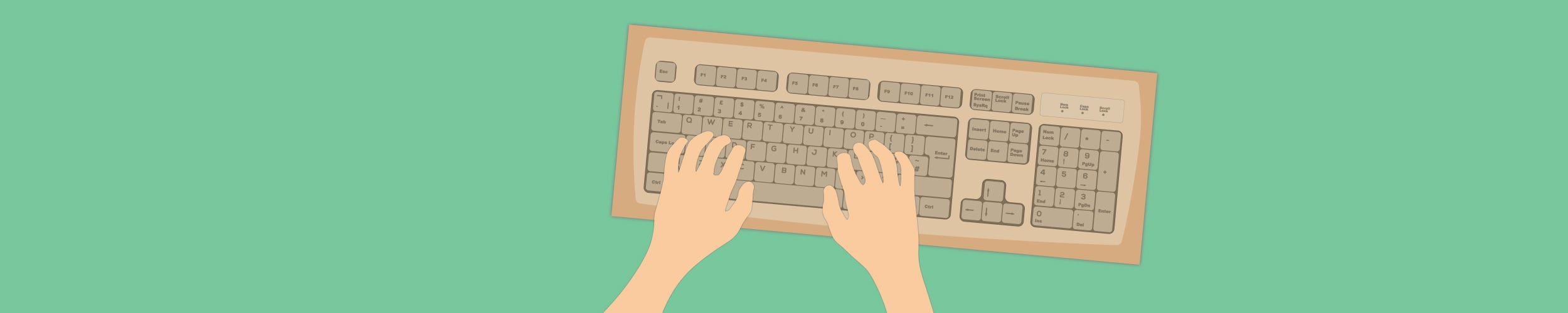 Hands typing on a keyboard box with the keyboard printed ontop.