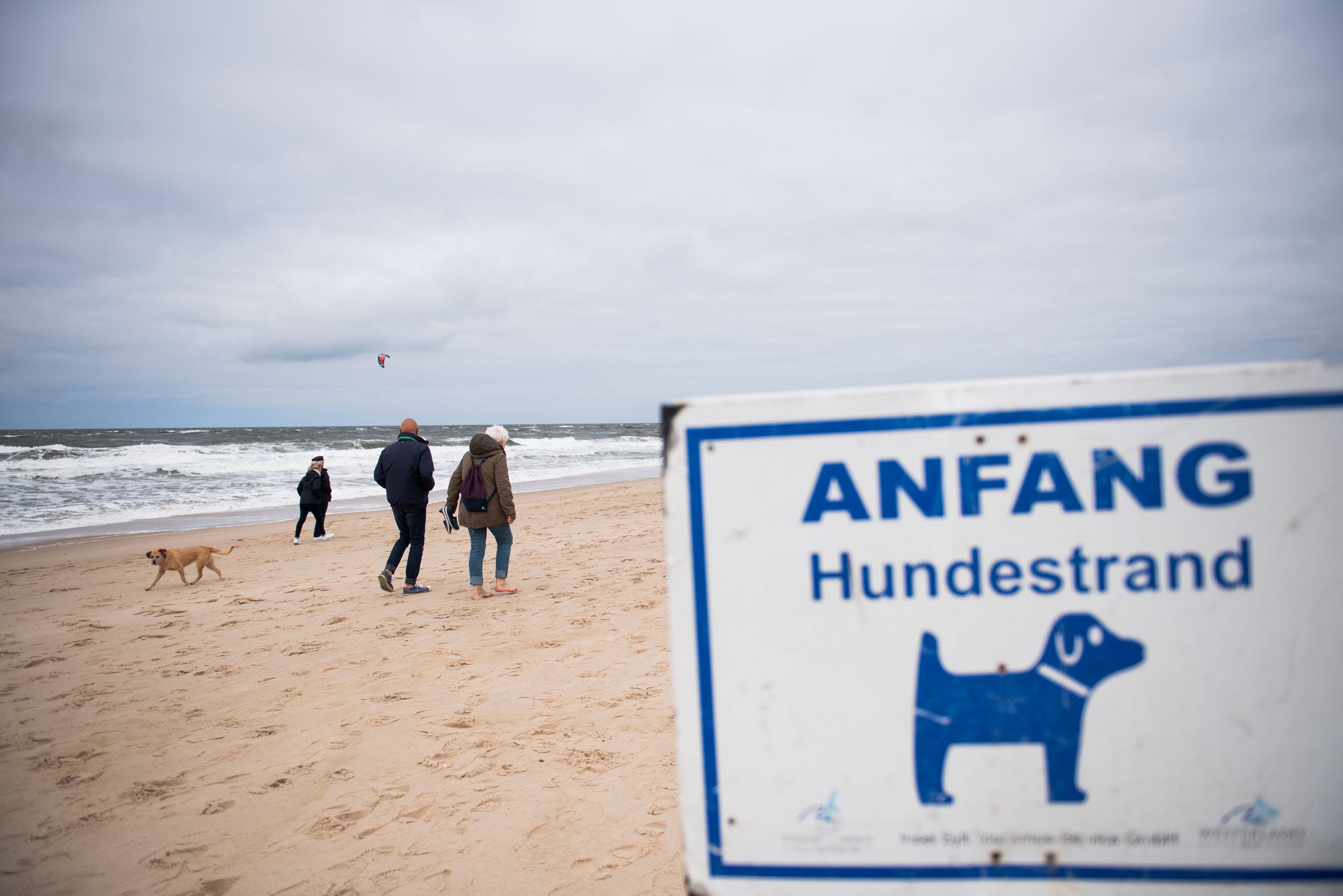 Mom and dad pass a sign that signals the beginning of the dog beach, as a dog walks in the opposite direction. GER, 05/2019