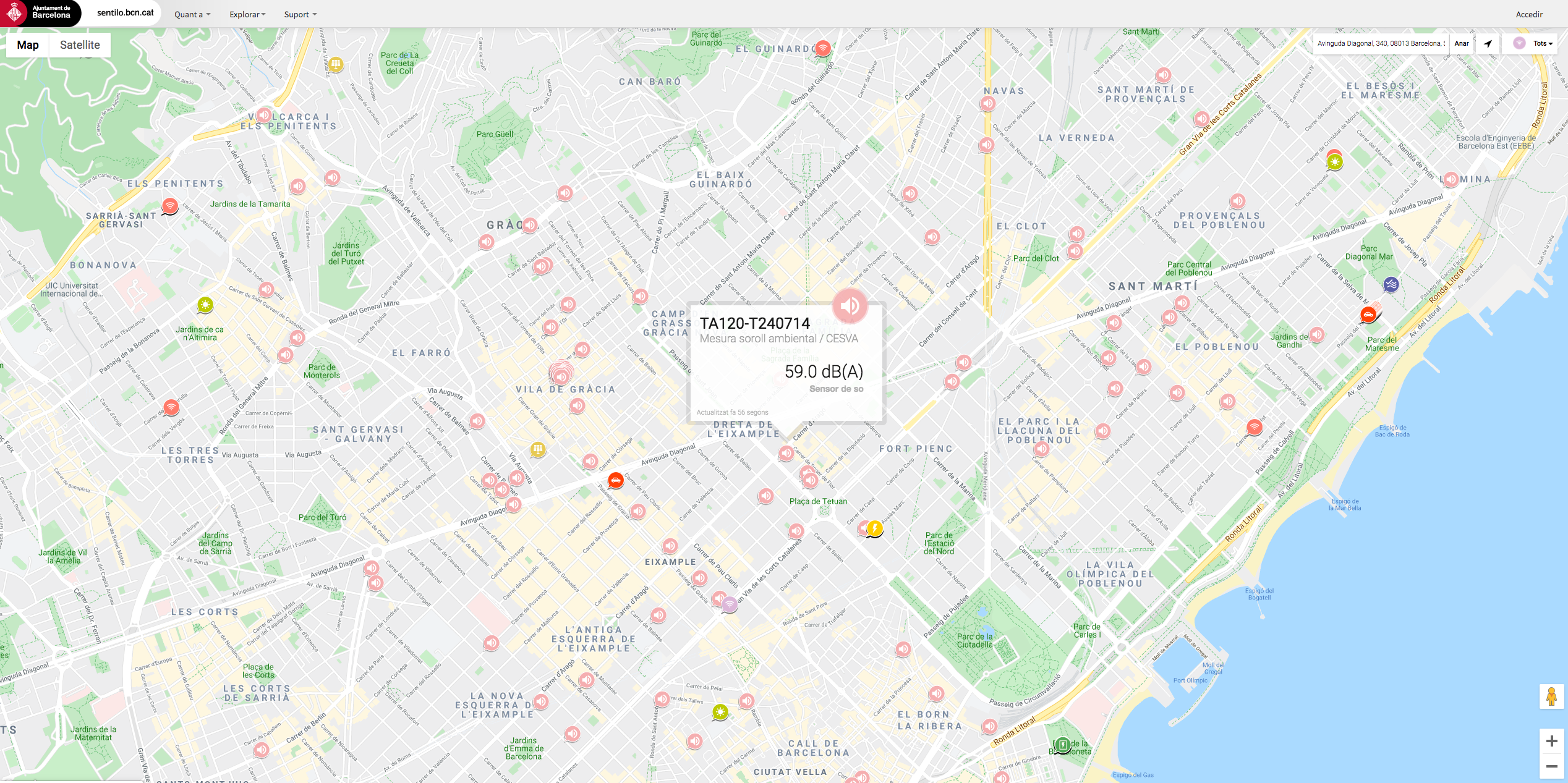 A map of Barcelona shows the location of digital devices that are part of the Sentilo sensor network.