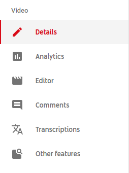 Screenshot of left navigation menu inside edit video dashboard. Other features is the last option on the list.