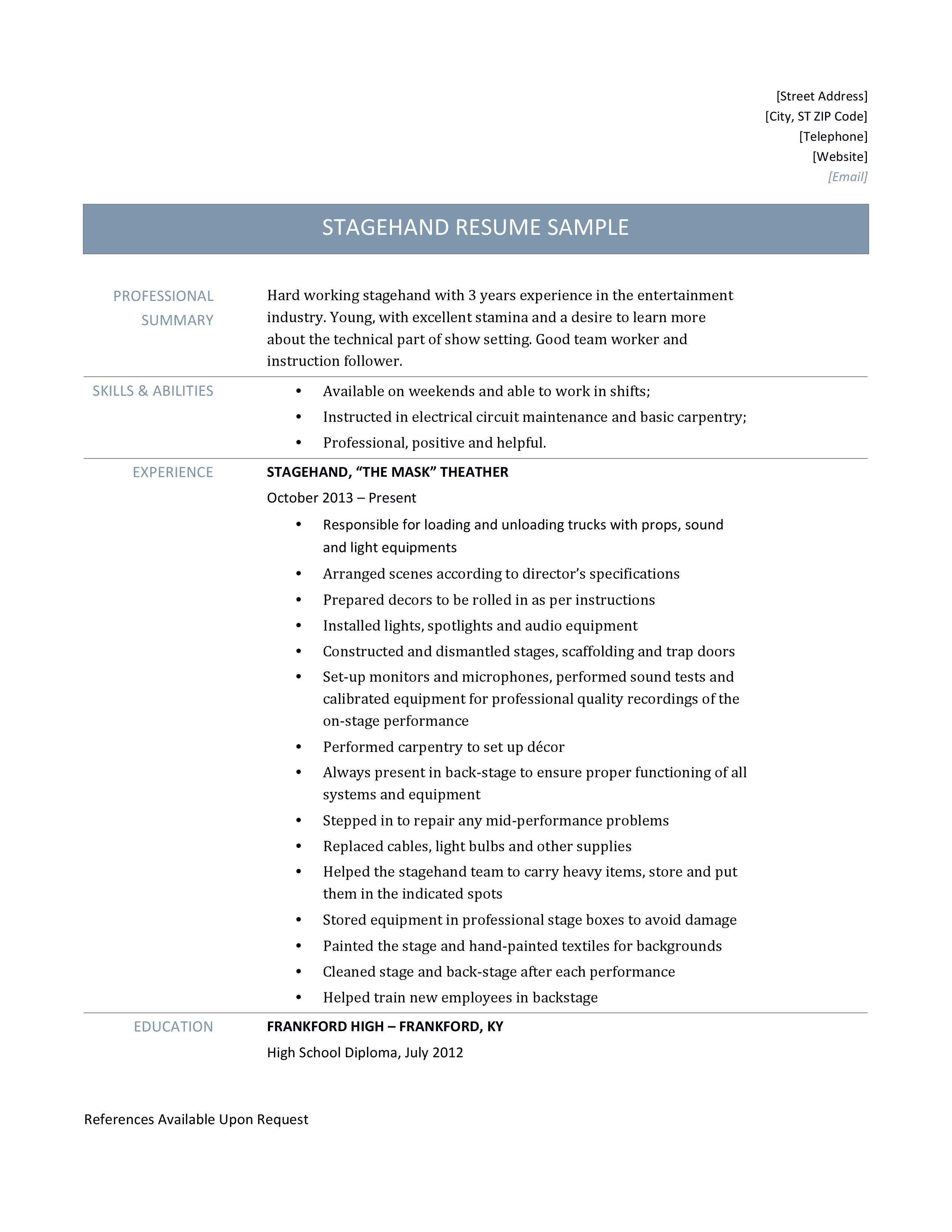 Stagehand Resume Samples And Template By Online Resume Builders Medium