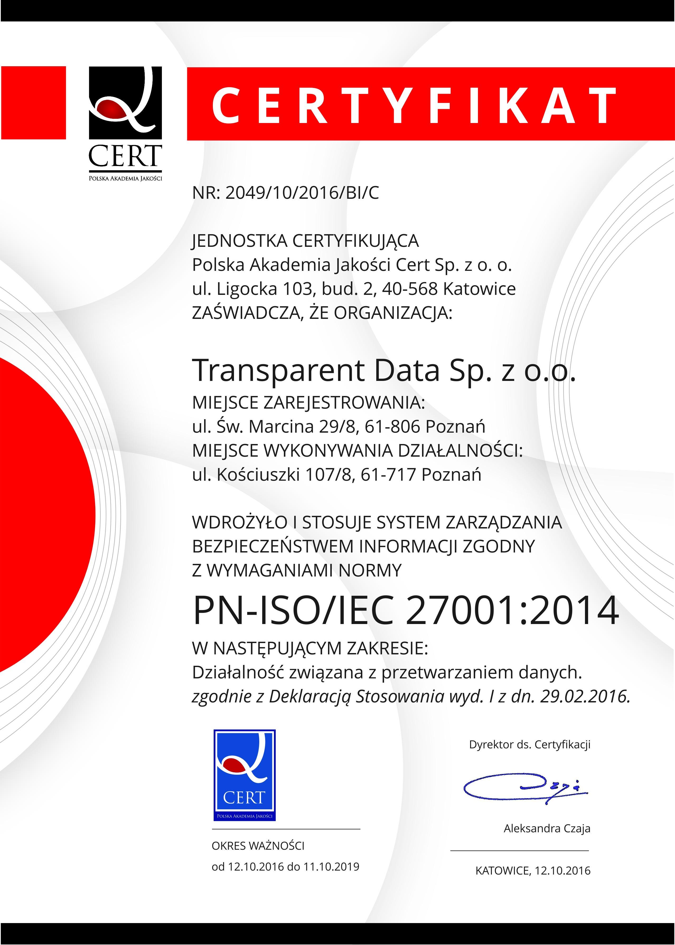 Transparent Data z certyfikatem ISO/IEC 27001 — skąd nasza