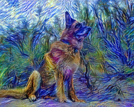 german shepherd with a starry night style