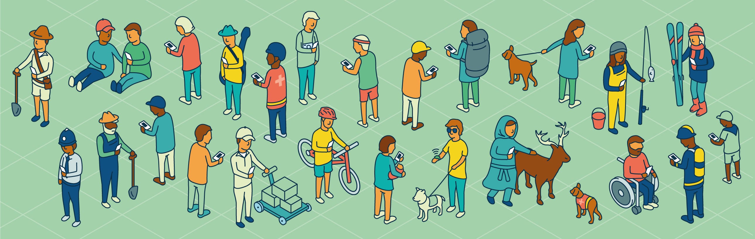 An illustration by what3words’ Niki Forecast representing 20 or so diverse characters, from a delivery driver checking a what3words address on his phone to a visually-impaired person using the app on a wearable device.