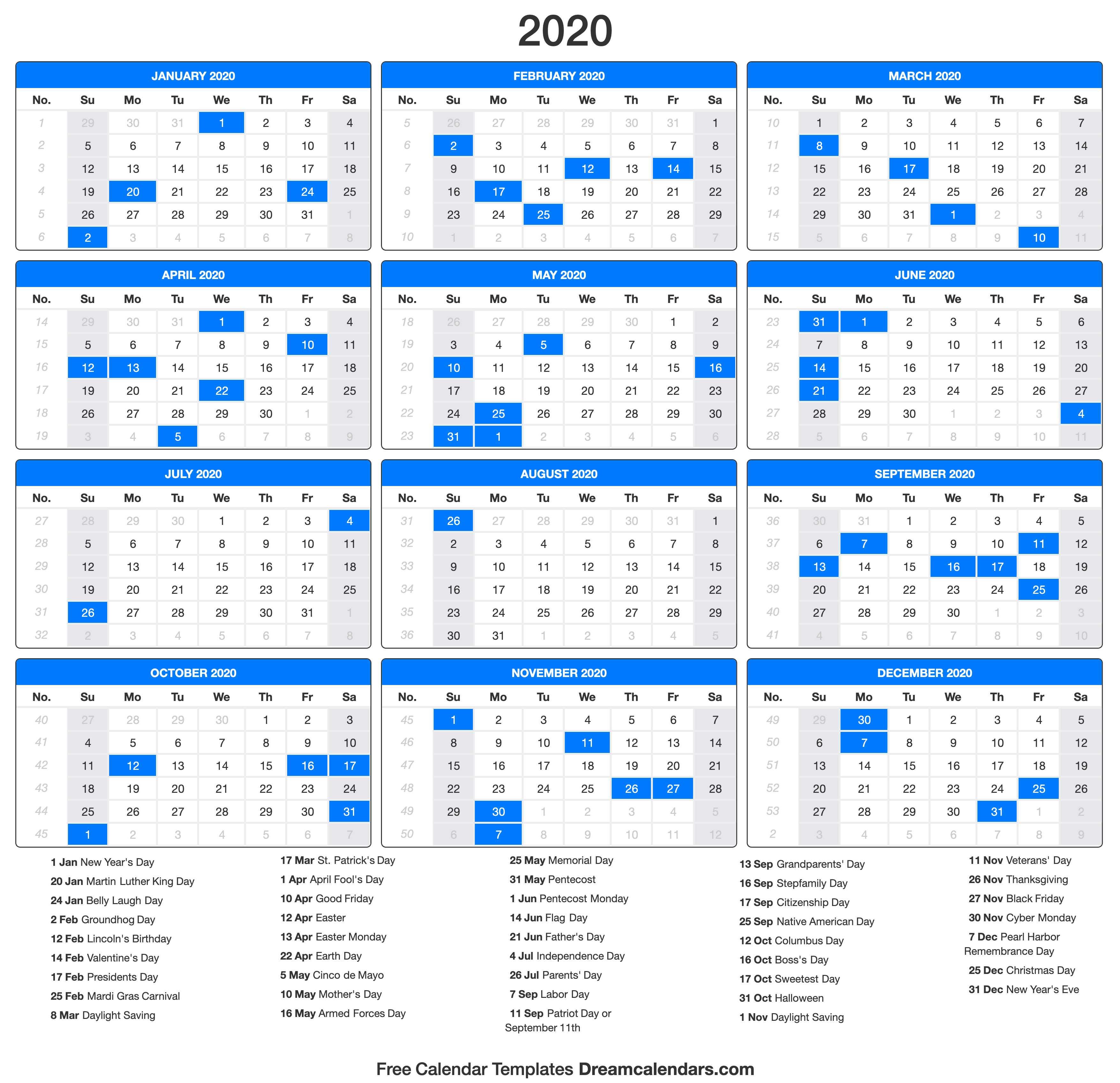 Yearly 2020 Calendar Templates Helena Orstem Medium