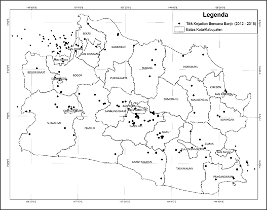 Mapa de dados históricos das inundações de West Java