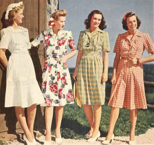 1940's Day Dress Styles· SLEEVES· NECKLINE· SHOULDERS· BODICE· SKIRTS· FABRIC