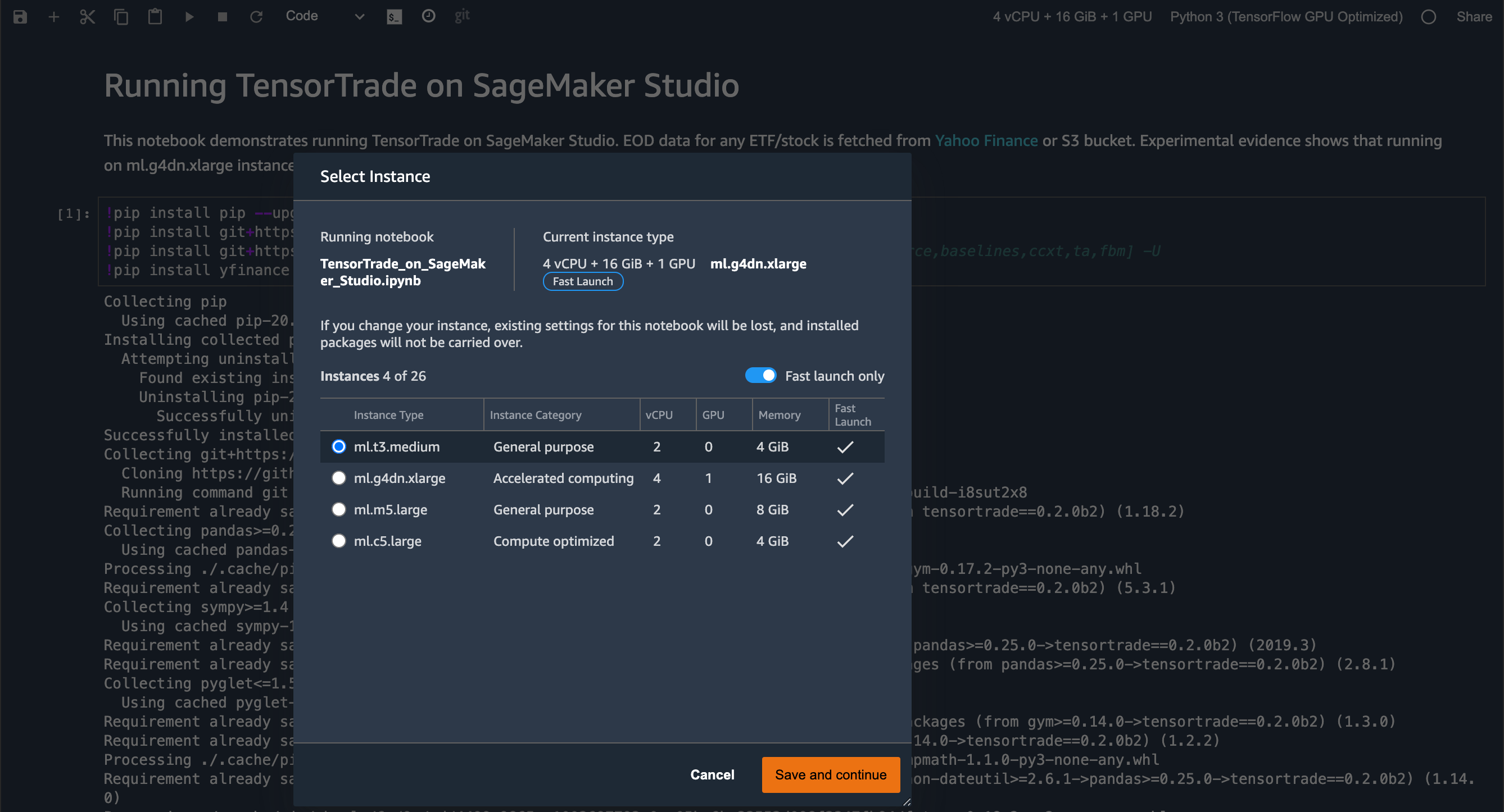 TensorTrade on Amazon SageMaker Studio 