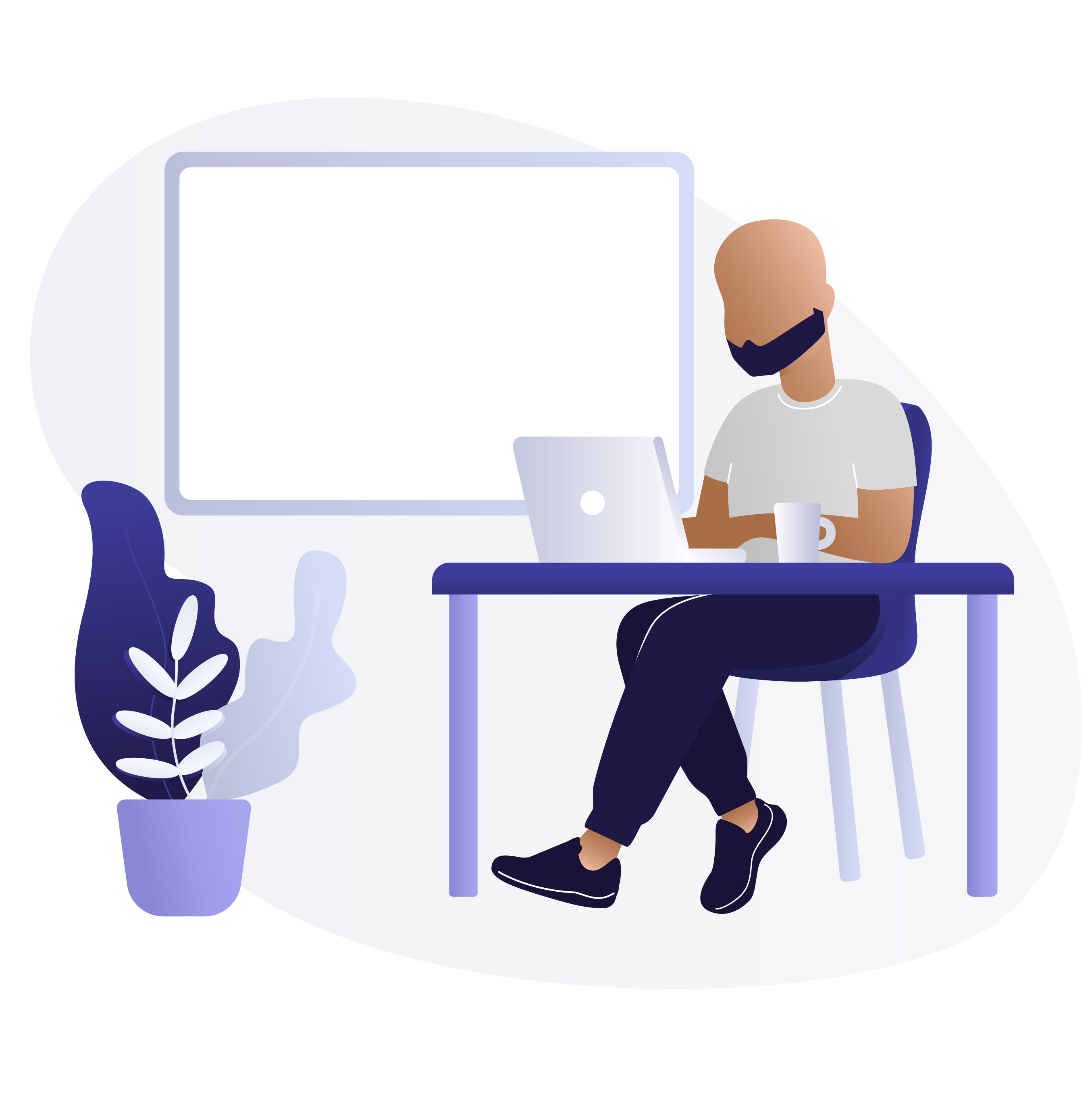 Illustration of a person of color with a beard, using a laptop at a desk, with a cup of coffee, white board in background.