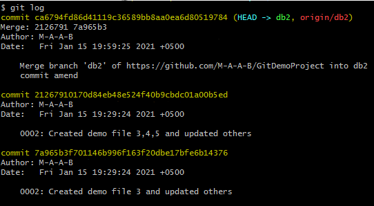 Screenshot of Git command to display the commit log