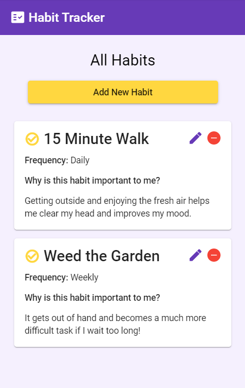 screenshot of finished habit-tracking app