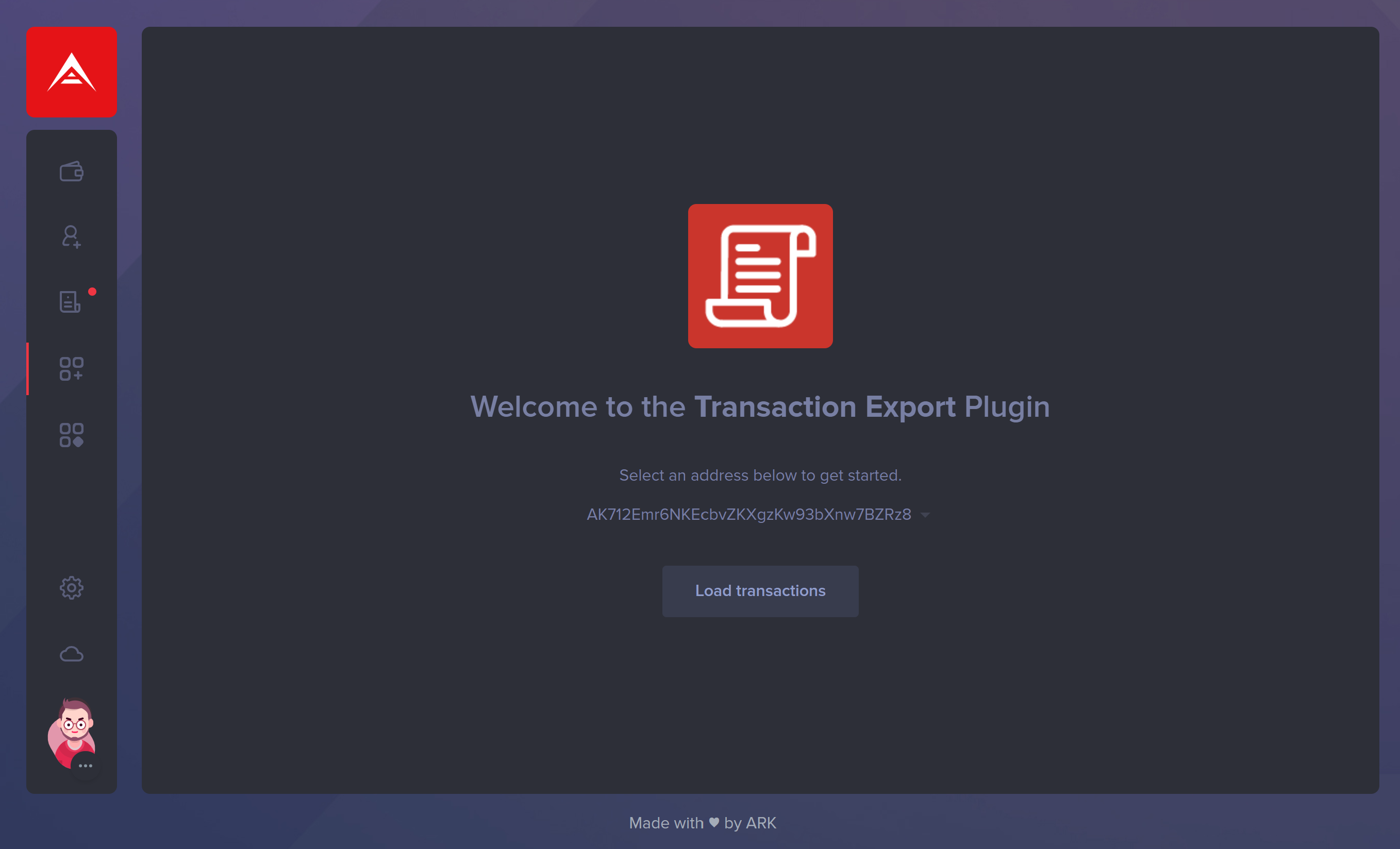 The welcome screen for the ARK Transaction Export Plugin