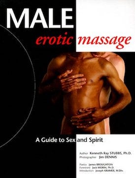 Book cover: Male Erotic Massage, A Guide to Sex and Spirit. Graphic is torsos of two men.