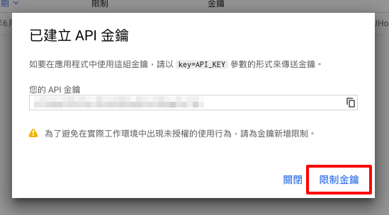 取得API Key後,點選「限制金鑰」