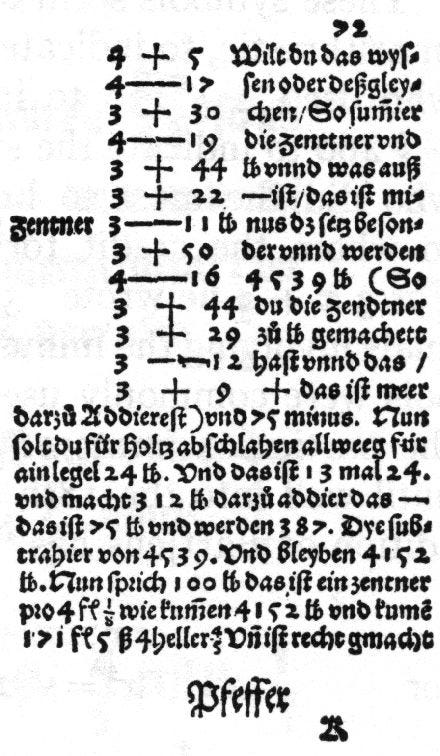 Modern Math Is Full Of Symbols. Is This Really Necessary? — A larger image of the snippet from Johannes Widmann’s book for merchants “handy and pretty arithmetic for all merchants”. The language of the text is old German. And the snippet seems to suggest ‘plus’ and ‘minus’ symbols for the usage of merchants.