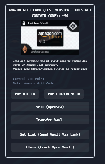 EmblemVault (NFT) Gift Cards. A Gift card is usually issued by a bank