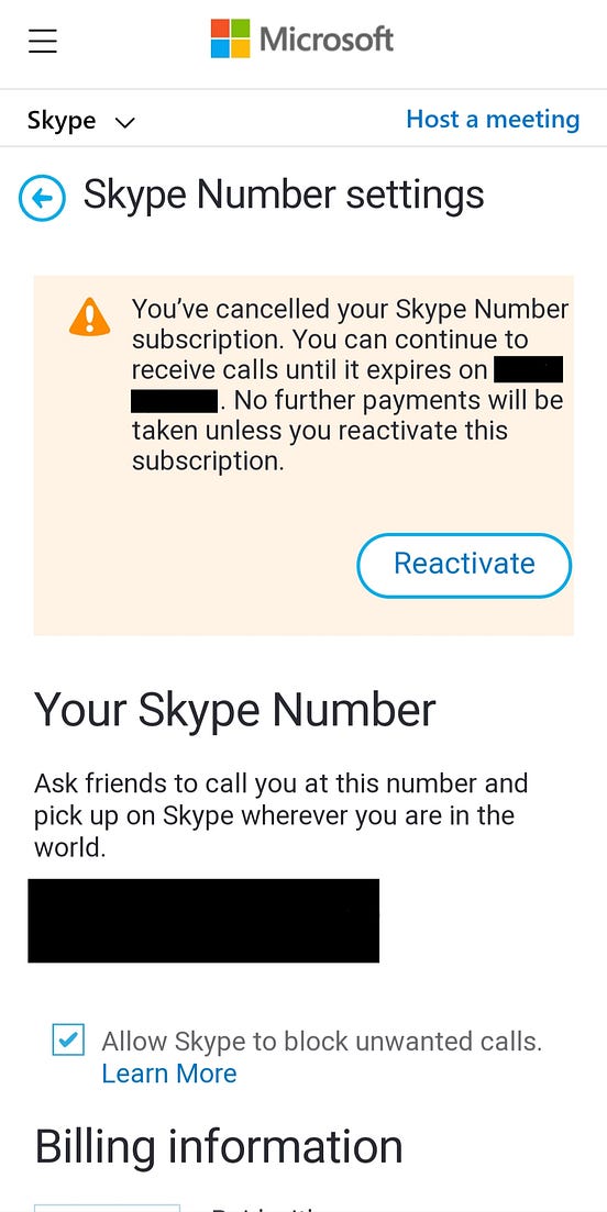 cancel skype phone number