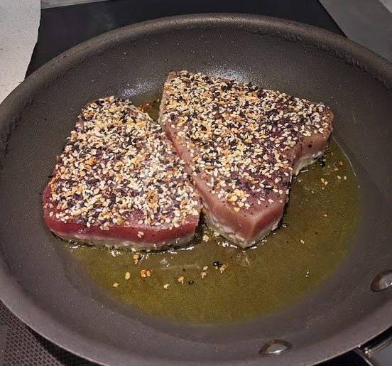 Sesame Crusted Ahi Tuna Steaks. Trader Joe’s prides itself on its fish… by Eat At Trader Joe’s