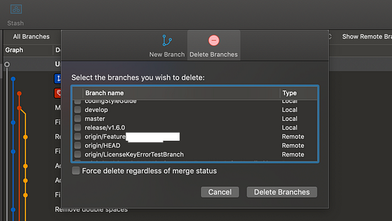 How to delete multiple local Git branches from Sourcetree