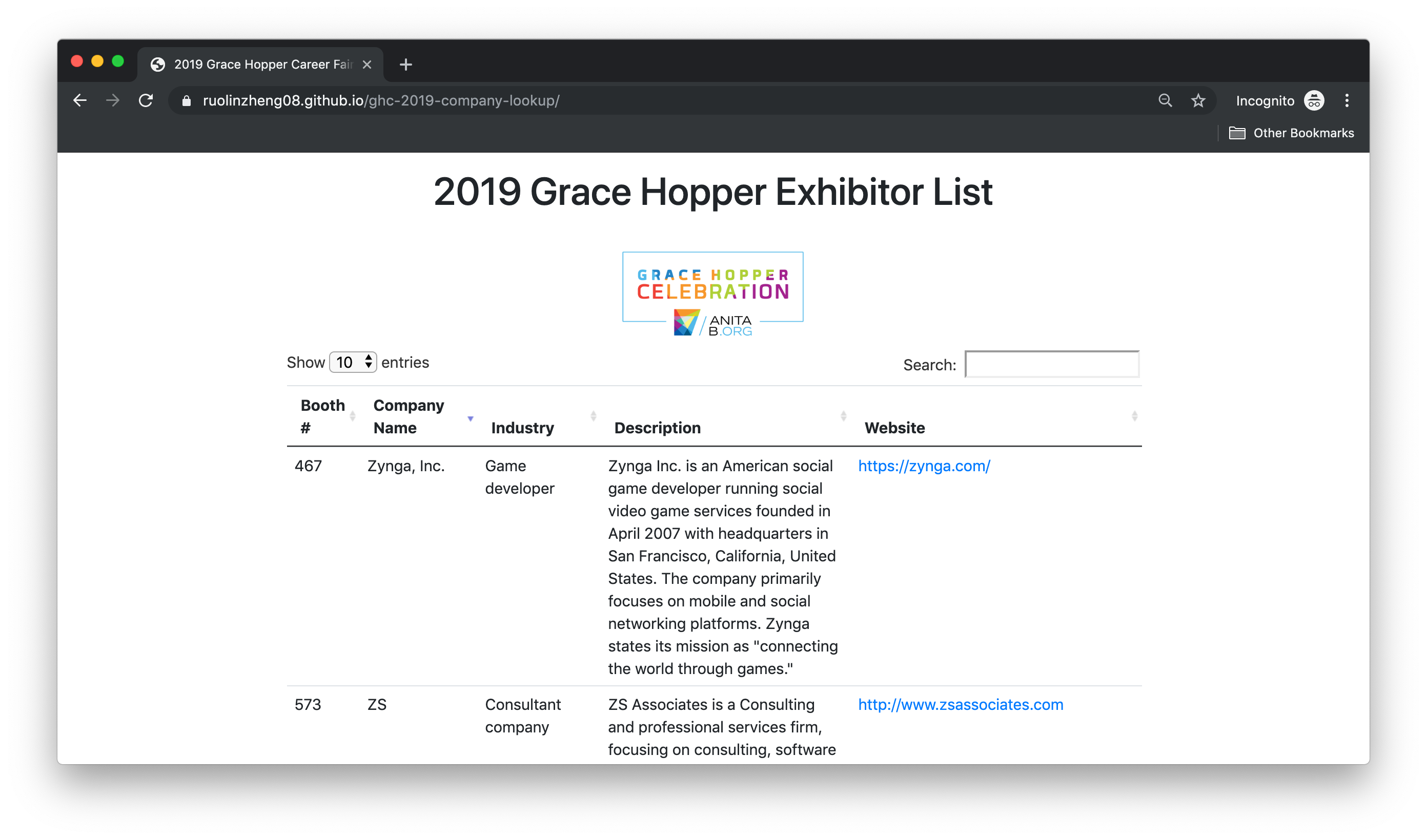 Building a Web App to Navigate the 2019 GHC Career Fair by Lynn Zheng